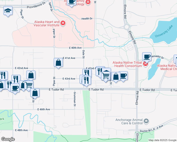 map of restaurants, bars, coffee shops, grocery stores, and more near 4241B Dale Street in Anchorage