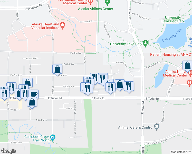 map of restaurants, bars, coffee shops, grocery stores, and more near 4241 Dale Street in Anchorage