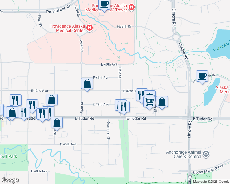 map of restaurants, bars, coffee shops, grocery stores, and more near 3321 East 43rd Avenue in Anchorage