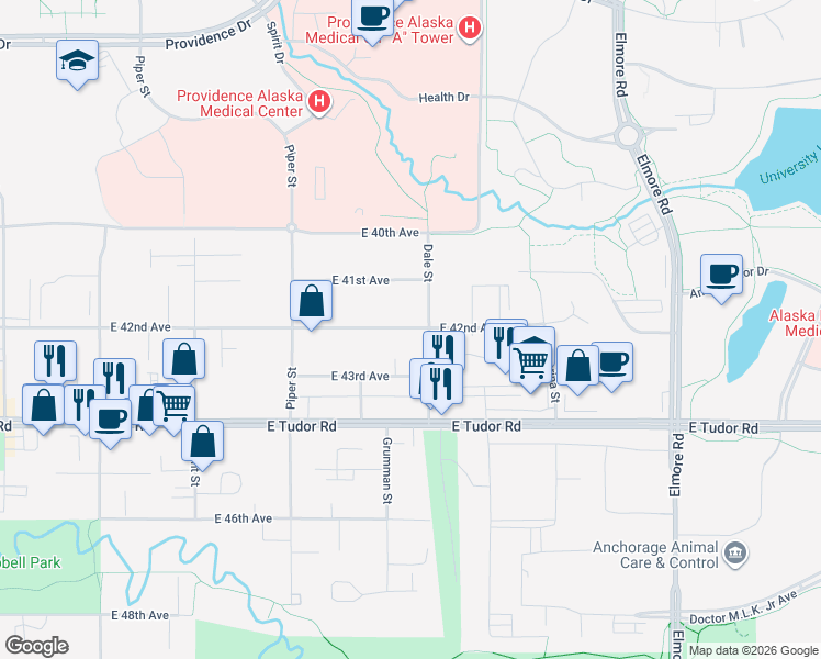 map of restaurants, bars, coffee shops, grocery stores, and more near 3321 East 43rd Avenue in Anchorage
