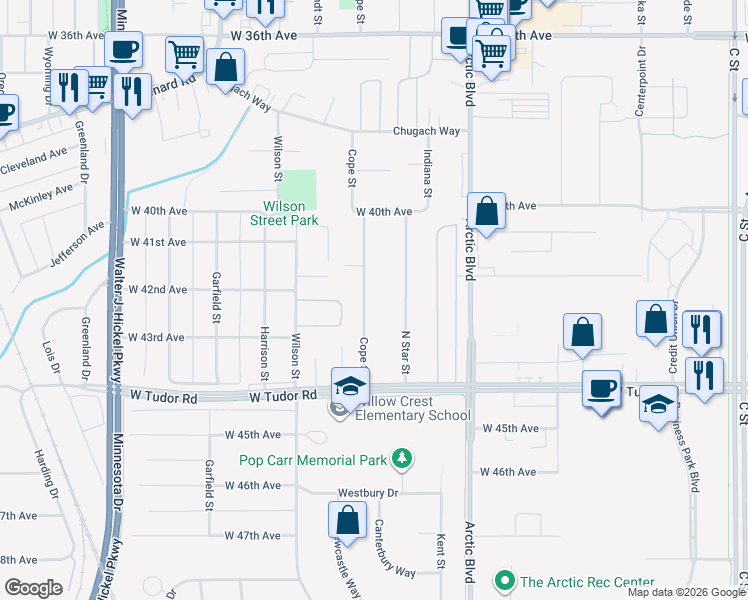 map of restaurants, bars, coffee shops, grocery stores, and more near 4300 Cope Street in Anchorage