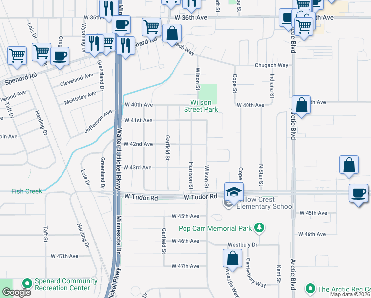 map of restaurants, bars, coffee shops, grocery stores, and more near 4208 Harrison Street in Anchorage