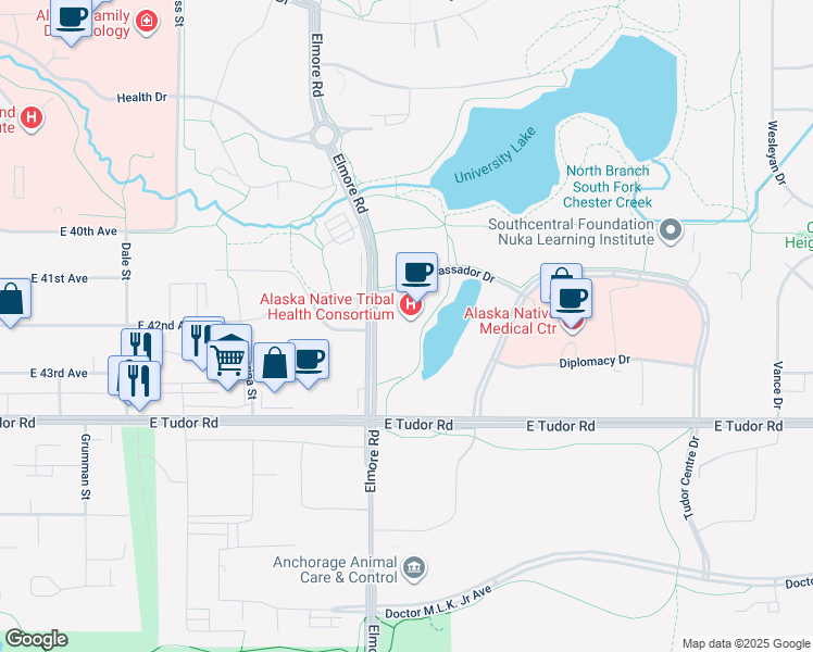 map of restaurants, bars, coffee shops, grocery stores, and more near 4000 Ambassador Drive in Anchorage