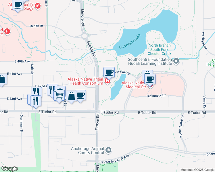 map of restaurants, bars, coffee shops, grocery stores, and more near 4000 Ambassador Drive in Anchorage