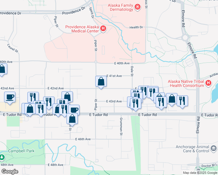 map of restaurants, bars, coffee shops, grocery stores, and more near 3201 East 43rd Avenue in Anchorage