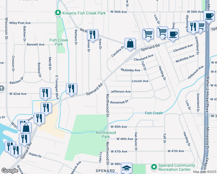 map of restaurants, bars, coffee shops, grocery stores, and more near 4204 Northwood Drive in Anchorage