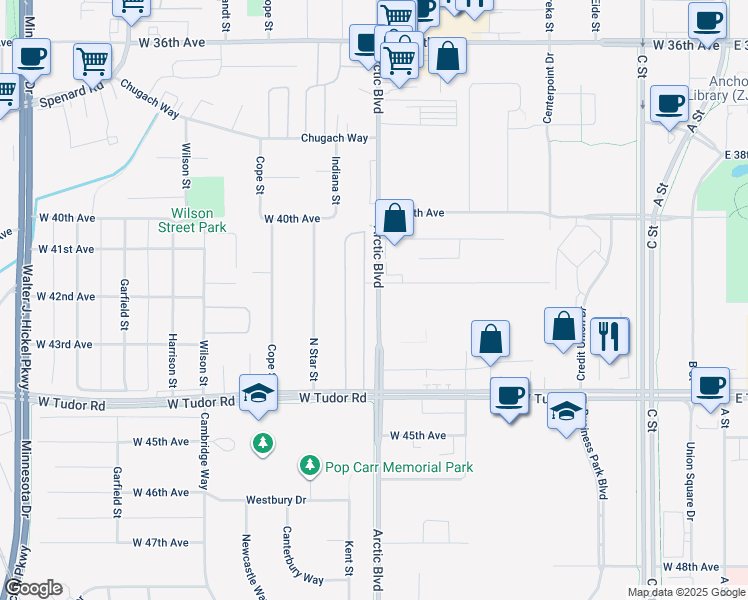 map of restaurants, bars, coffee shops, grocery stores, and more near 4000 Arctic Boulevard in Anchorage