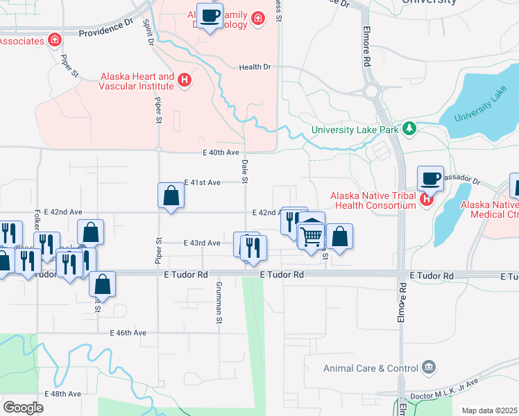 map of restaurants, bars, coffee shops, grocery stores, and more near 3421 E 42nd Ave in Anchorage