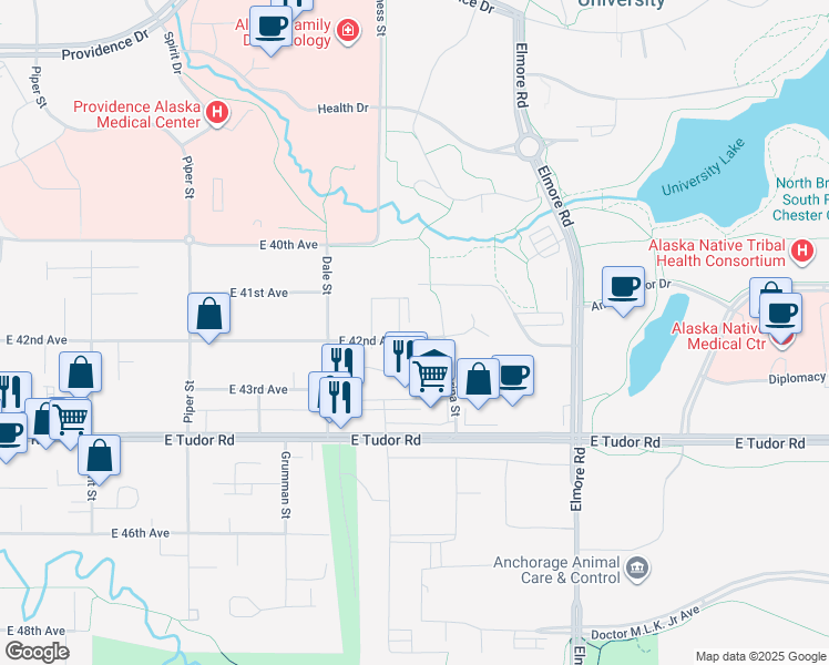 map of restaurants, bars, coffee shops, grocery stores, and more near 3531 East 42nd Avenue in Anchorage