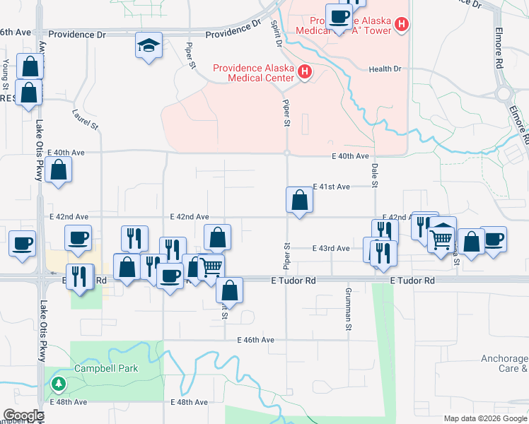 map of restaurants, bars, coffee shops, grocery stores, and more near 4010 Piper Street in Anchorage