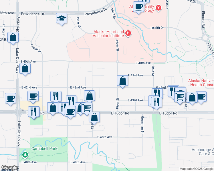 map of restaurants, bars, coffee shops, grocery stores, and more near 4010 Piper Street in Anchorage