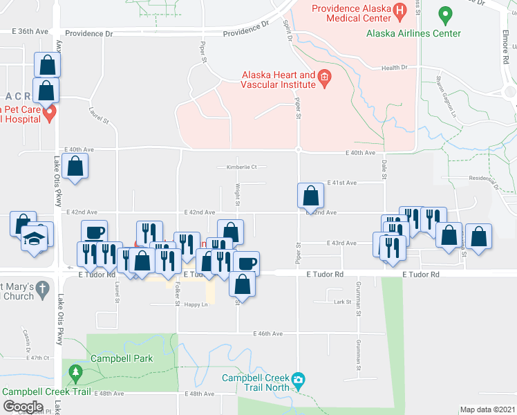 map of restaurants, bars, coffee shops, grocery stores, and more near 4115 Wright Street in Anchorage
