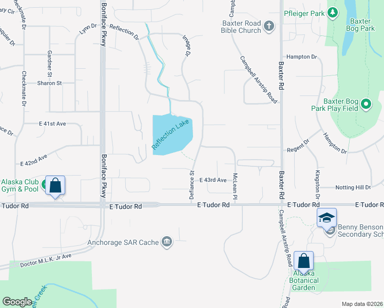 map of restaurants, bars, coffee shops, grocery stores, and more near 4100 Defiance Street in Anchorage