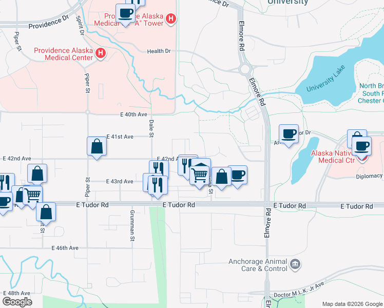 map of restaurants, bars, coffee shops, grocery stores, and more near 3531 East 42nd Avenue in Anchorage