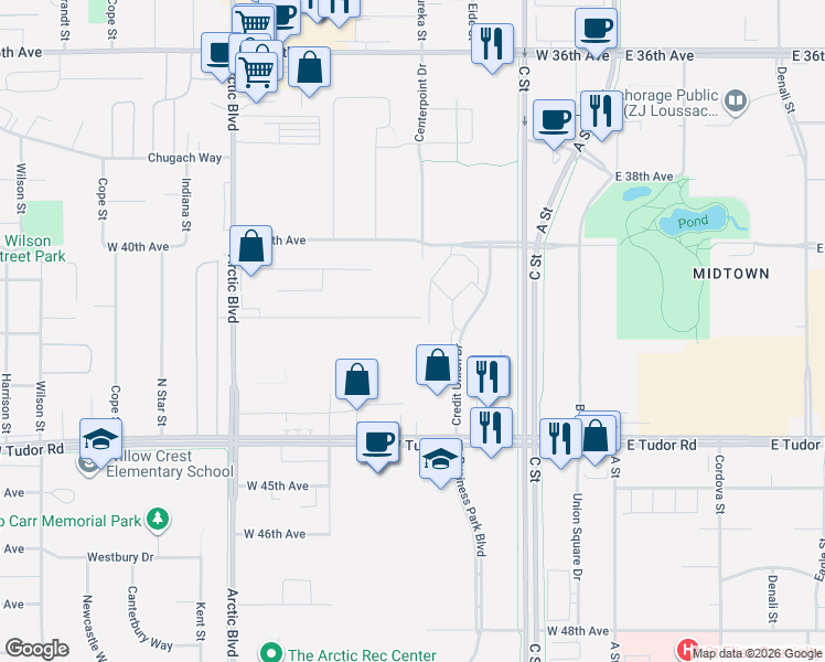 map of restaurants, bars, coffee shops, grocery stores, and more near 400 West 42nd Avenue in Anchorage
