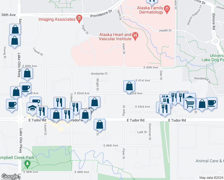 map of restaurants, bars, coffee shops, grocery stores, and more near 3001 East 42nd Avenue in Anchorage