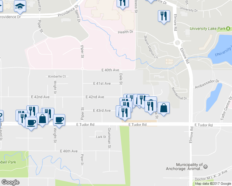 map of restaurants, bars, coffee shops, grocery stores, and more near 3320 East 41st Avenue in Anchorage