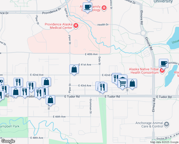 map of restaurants, bars, coffee shops, grocery stores, and more near 3240 East 41st Avenue in Anchorage