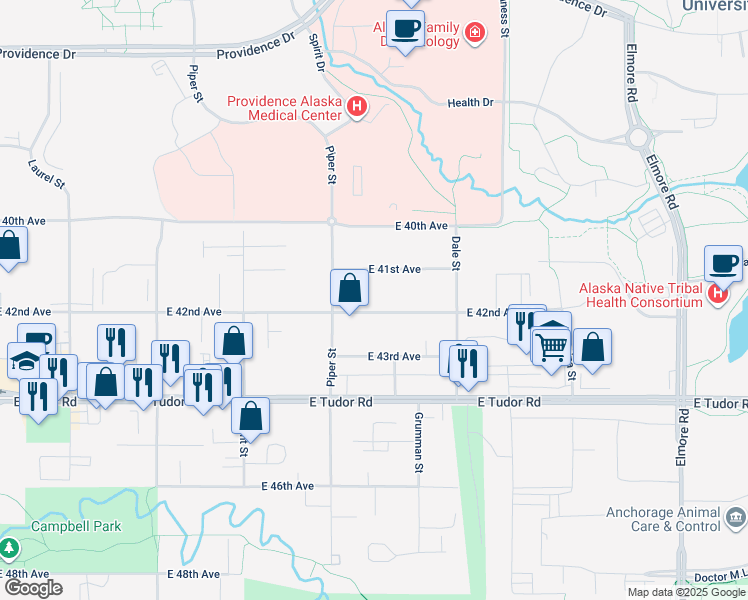 map of restaurants, bars, coffee shops, grocery stores, and more near 3202 East 41st Avenue in Anchorage