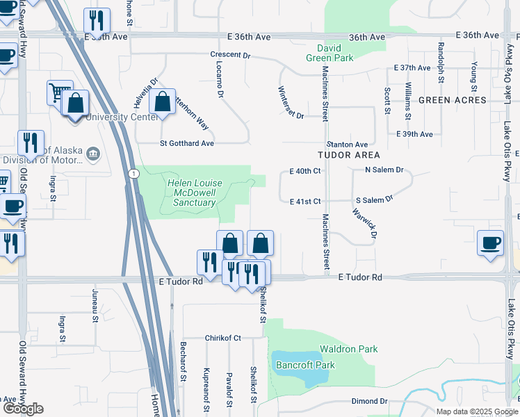 map of restaurants, bars, coffee shops, grocery stores, and more near 4100 Allan Place in Anchorage