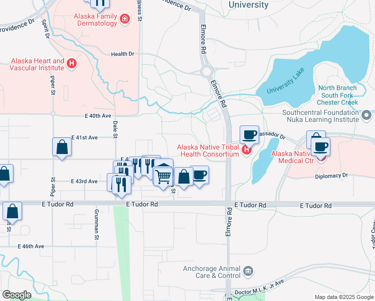 map of restaurants, bars, coffee shops, grocery stores, and more near 3701 University of Alaska Anchorage Trail in Anchorage