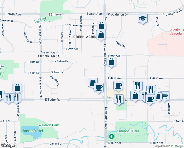 map of restaurants, bars, coffee shops, grocery stores, and more near 4100 Lake Otis Parkway in Anchorage