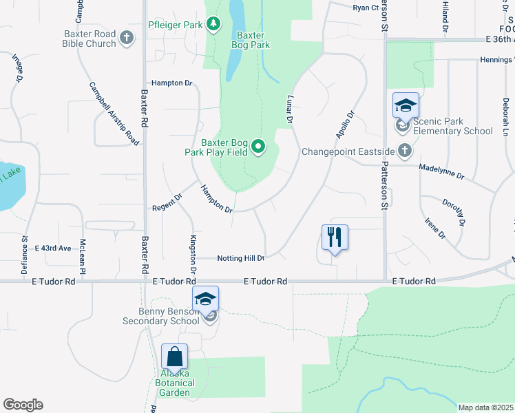 map of restaurants, bars, coffee shops, grocery stores, and more near 3823 Lunar Drive in Anchorage