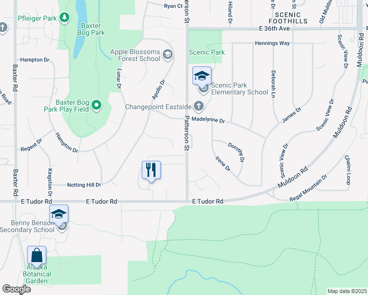 map of restaurants, bars, coffee shops, grocery stores, and more near 4121 Patterson Court in Anchorage