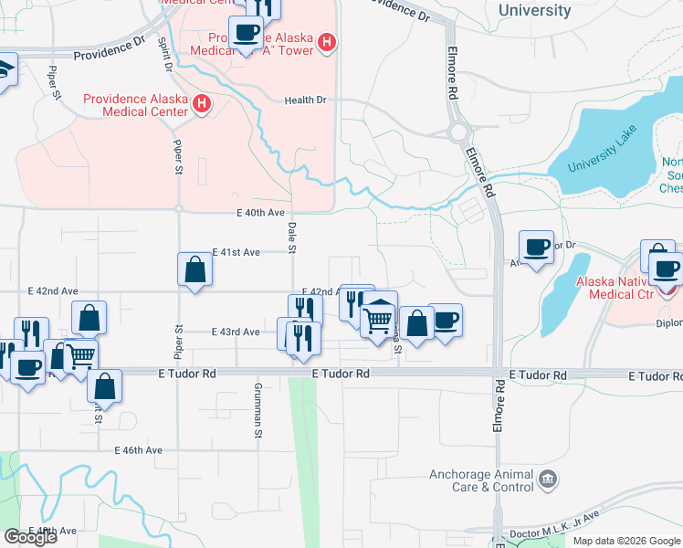 map of restaurants, bars, coffee shops, grocery stores, and more near 3501 East 42nd Avenue in Anchorage