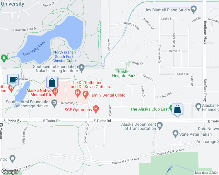 map of restaurants, bars, coffee shops, grocery stores, and more near 4120 Vance Drive in Anchorage
