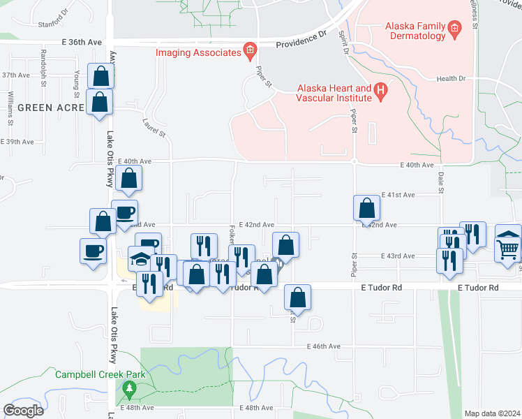 map of restaurants, bars, coffee shops, grocery stores, and more near 2787 East 42nd Avenue in Anchorage