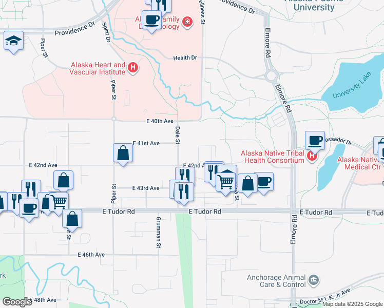 map of restaurants, bars, coffee shops, grocery stores, and more near 3421 East 42nd Avenue in Anchorage