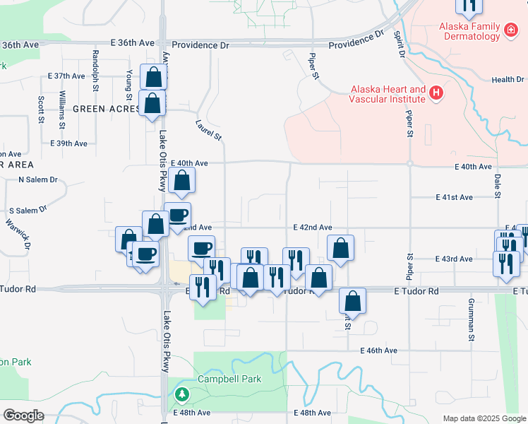 map of restaurants, bars, coffee shops, grocery stores, and more near 4140 Folker Street in Anchorage