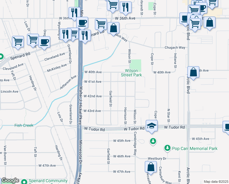 map of restaurants, bars, coffee shops, grocery stores, and more near 4103 Garfield Street in Anchorage