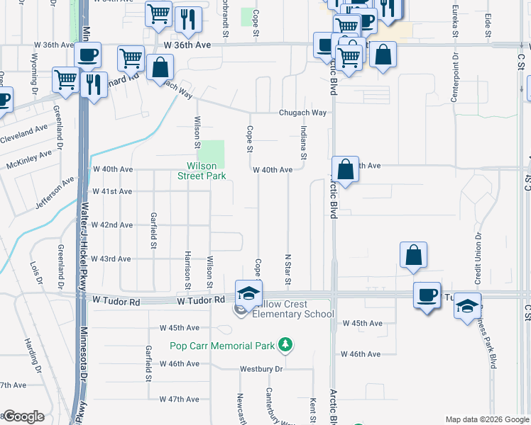 map of restaurants, bars, coffee shops, grocery stores, and more near 4109 Cope Street in Anchorage