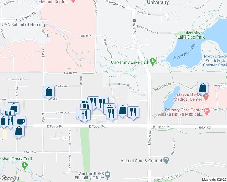 map of restaurants, bars, coffee shops, grocery stores, and more near 3531 East 42nd Avenue in Anchorage