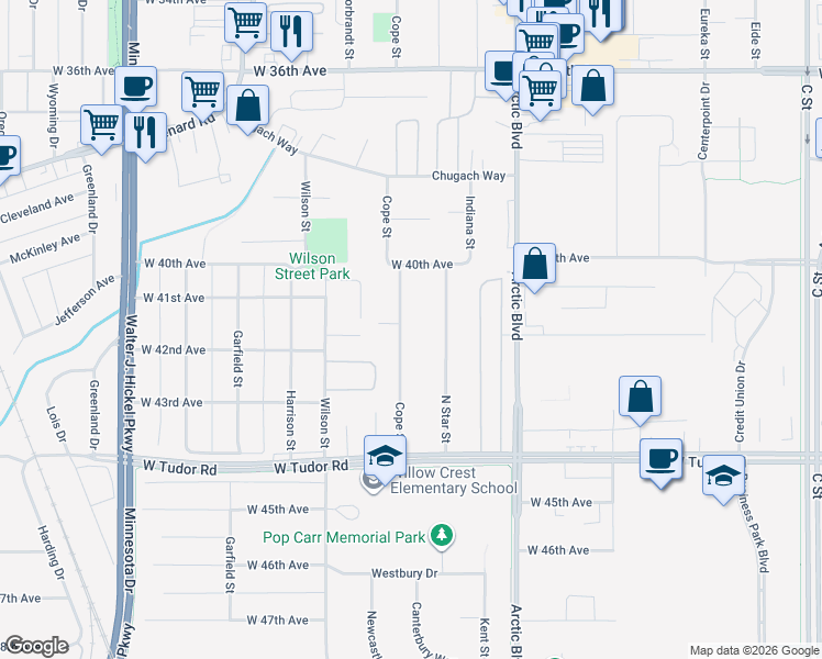 map of restaurants, bars, coffee shops, grocery stores, and more near 4109 Cope Street in Anchorage