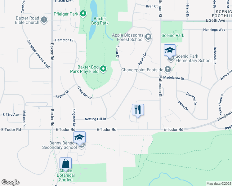 map of restaurants, bars, coffee shops, grocery stores, and more near 6730 Lunar Drive in Anchorage