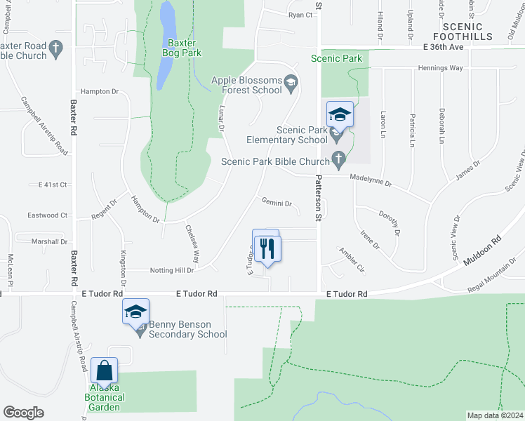 map of restaurants, bars, coffee shops, grocery stores, and more near 6916 Gemini Drive in Anchorage