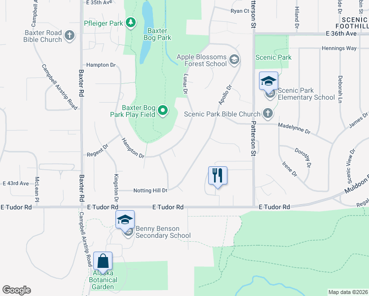 map of restaurants, bars, coffee shops, grocery stores, and more near 6738 Lunar Drive in Anchorage
