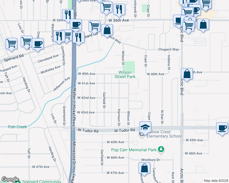 map of restaurants, bars, coffee shops, grocery stores, and more near 4102 Harrison Street in Anchorage