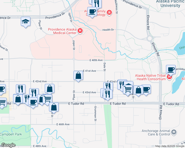 map of restaurants, bars, coffee shops, grocery stores, and more near 3240 East 41st Avenue in Anchorage