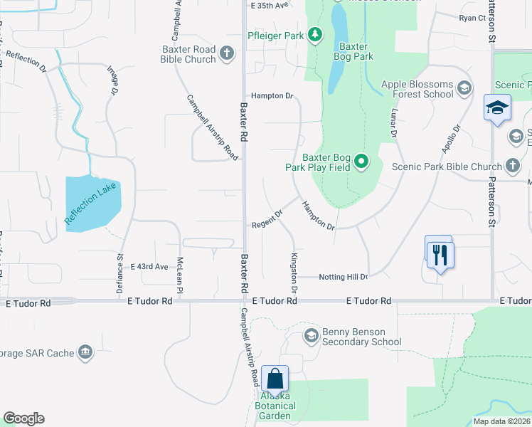 map of restaurants, bars, coffee shops, grocery stores, and more near 6409 Regent Drive in Anchorage