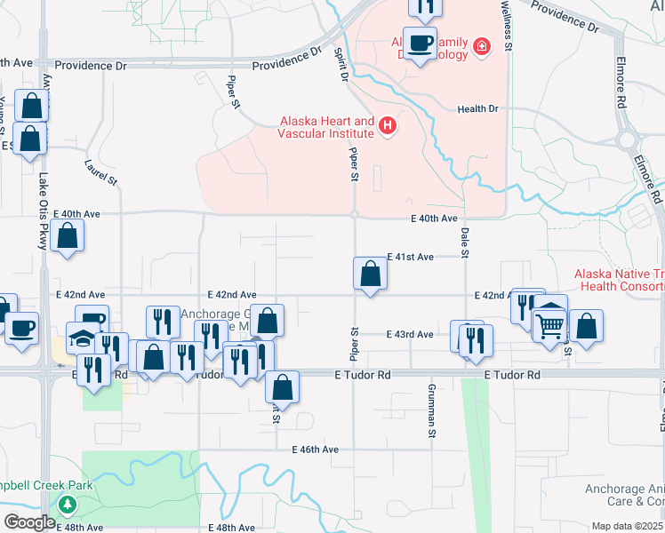map of restaurants, bars, coffee shops, grocery stores, and more near 4010 Piper Street in Anchorage