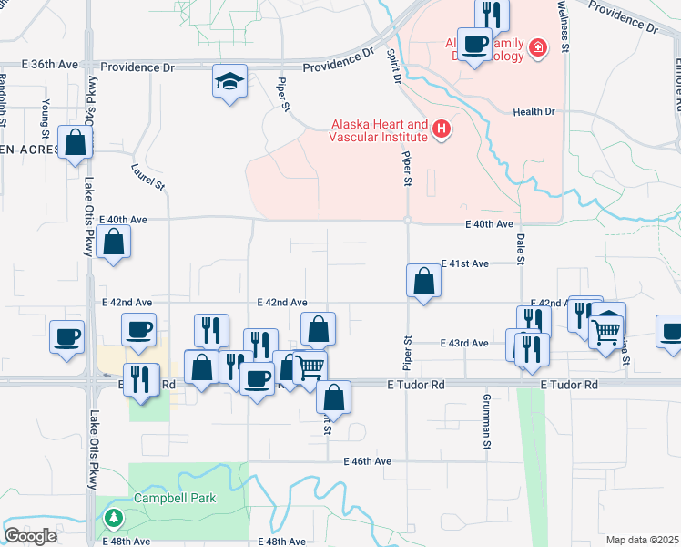 map of restaurants, bars, coffee shops, grocery stores, and more near 4115 Wright Street in Anchorage
