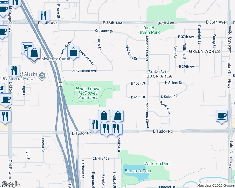 map of restaurants, bars, coffee shops, grocery stores, and more near 4100 Allan Place in Anchorage