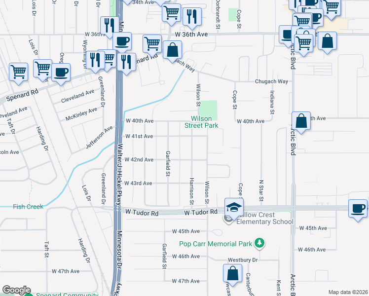 map of restaurants, bars, coffee shops, grocery stores, and more near 4102 Harrison Street in Anchorage