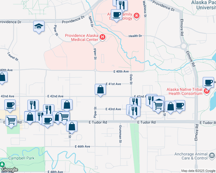 map of restaurants, bars, coffee shops, grocery stores, and more near 3202 East 41st Avenue in Anchorage