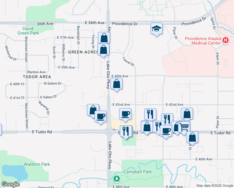 map of restaurants, bars, coffee shops, grocery stores, and more near 4045 Lake Otis Parkway in Anchorage