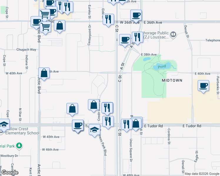 map of restaurants, bars, coffee shops, grocery stores, and more near 4101 Credit Union Drive in Anchorage